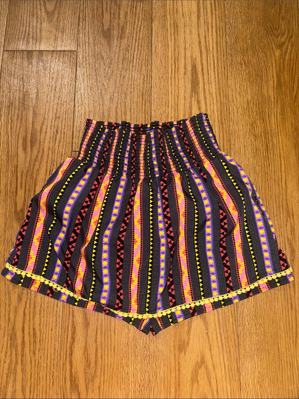 Jessica Simpson Black High-Waist Shorts with Yellow & Purple Stripe Pattern